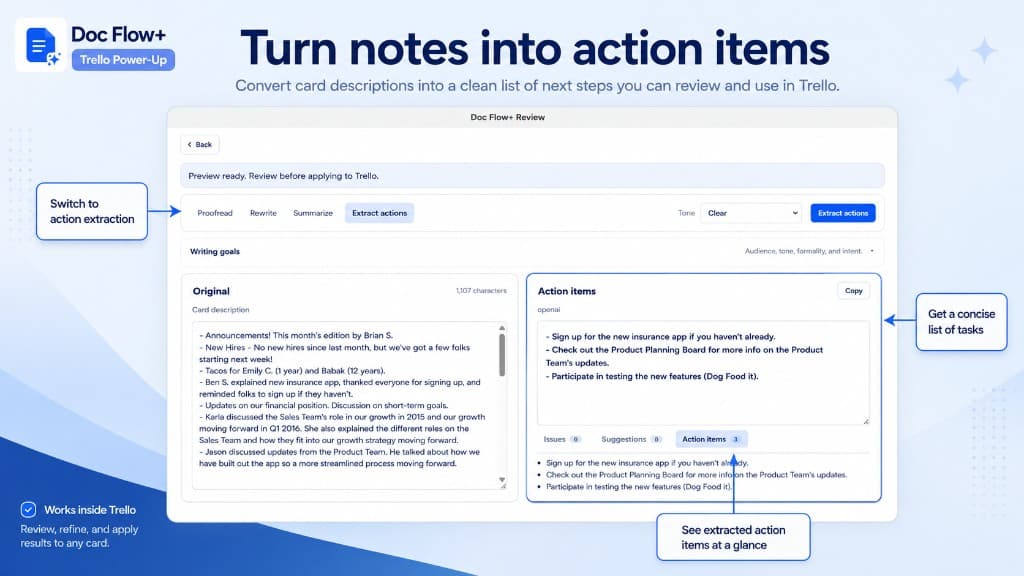 Doc Flow+ extract actions view turning card description notes into a clean list of next steps.