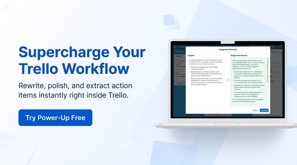 Doc Flow+ hero showing AI-powered rewrite and action-item extraction inside a Trello workflow.
