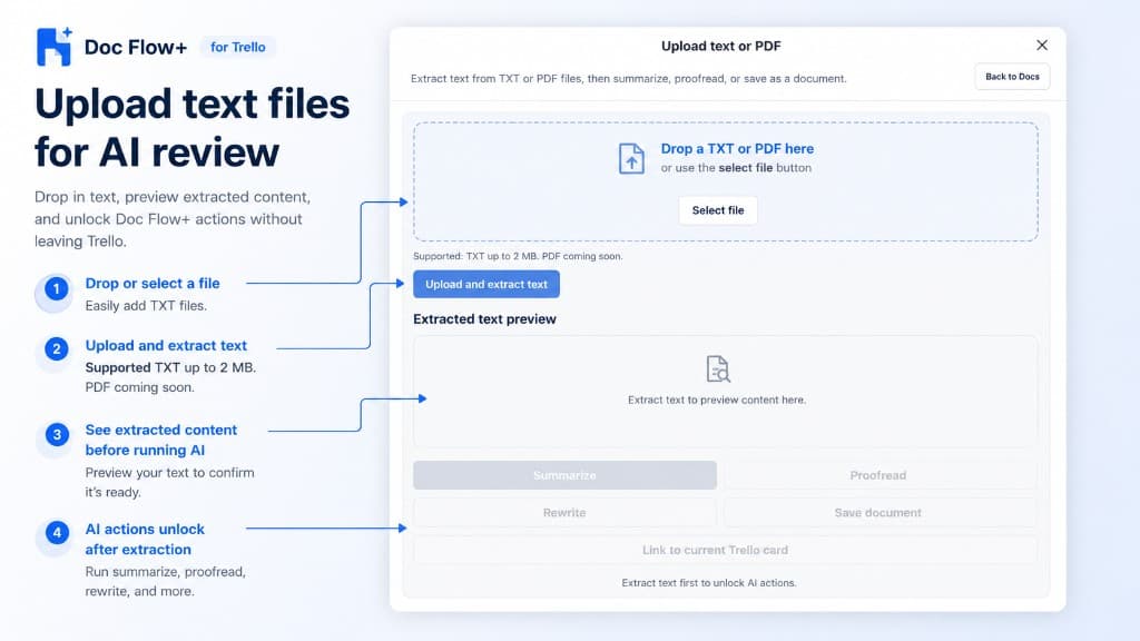 Doc Flow+ upload screen for dropping TXT or PDF files, extracting text, and unlocking AI actions.