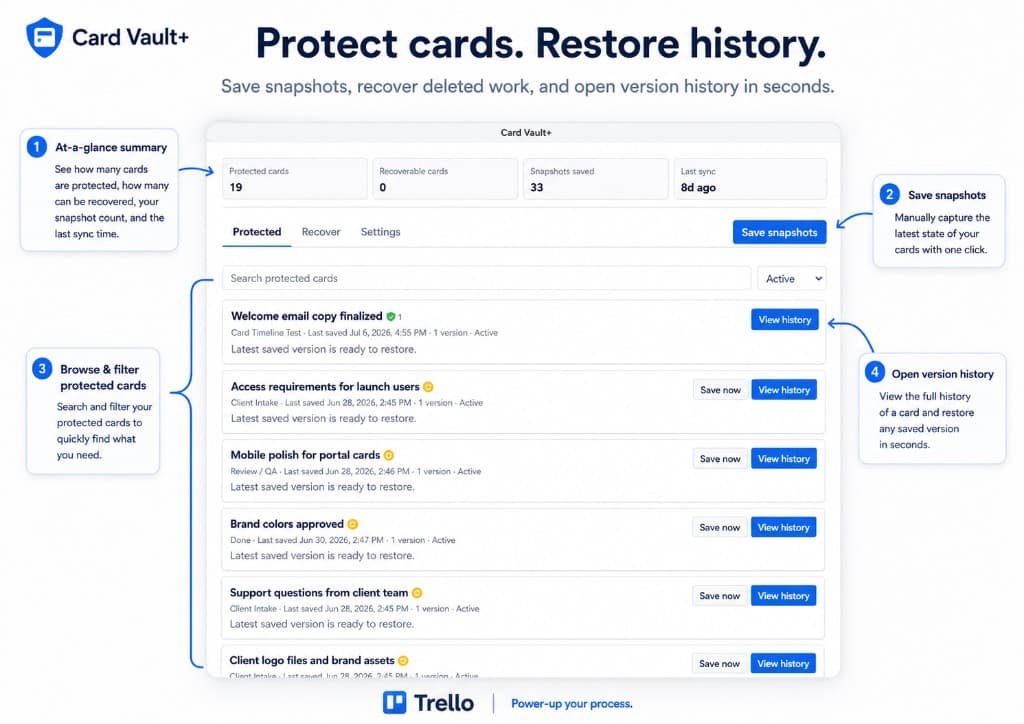 Card Vault+ overview showing protected cards, snapshot counts, save actions, and version history controls.