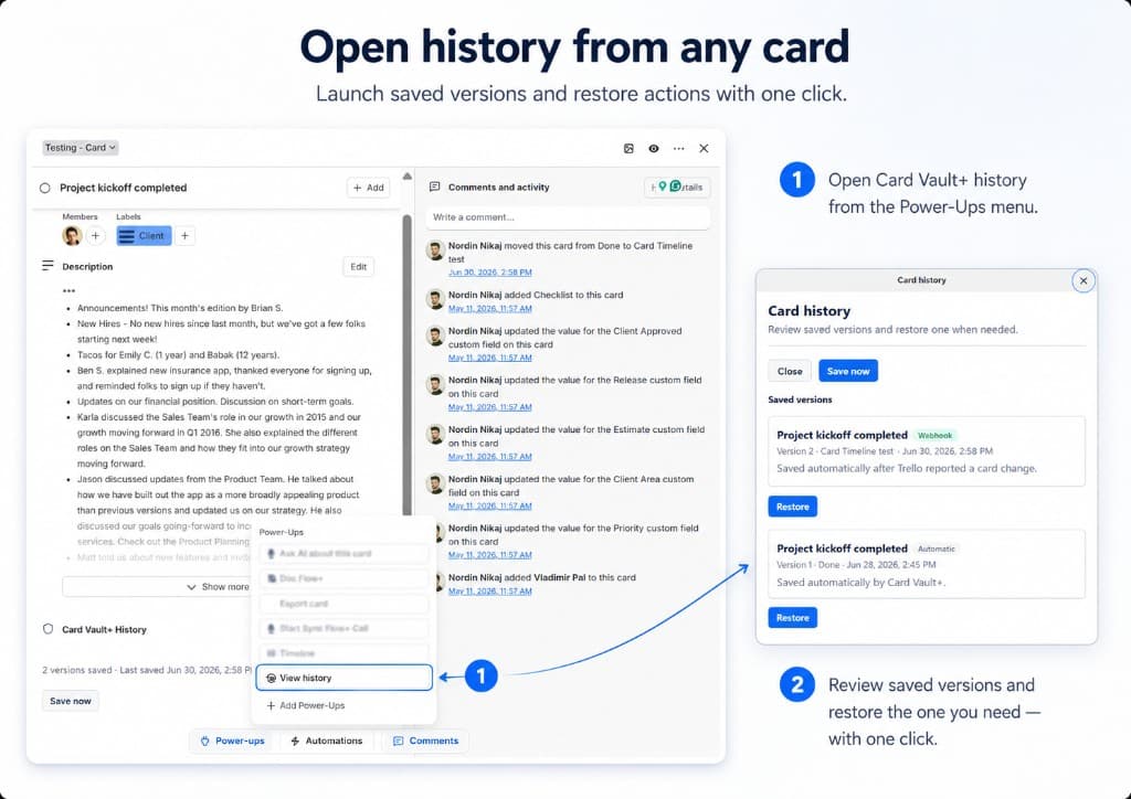 Card Vault+ walkthrough showing how to open card history from the Power-Ups menu and restore a saved version.