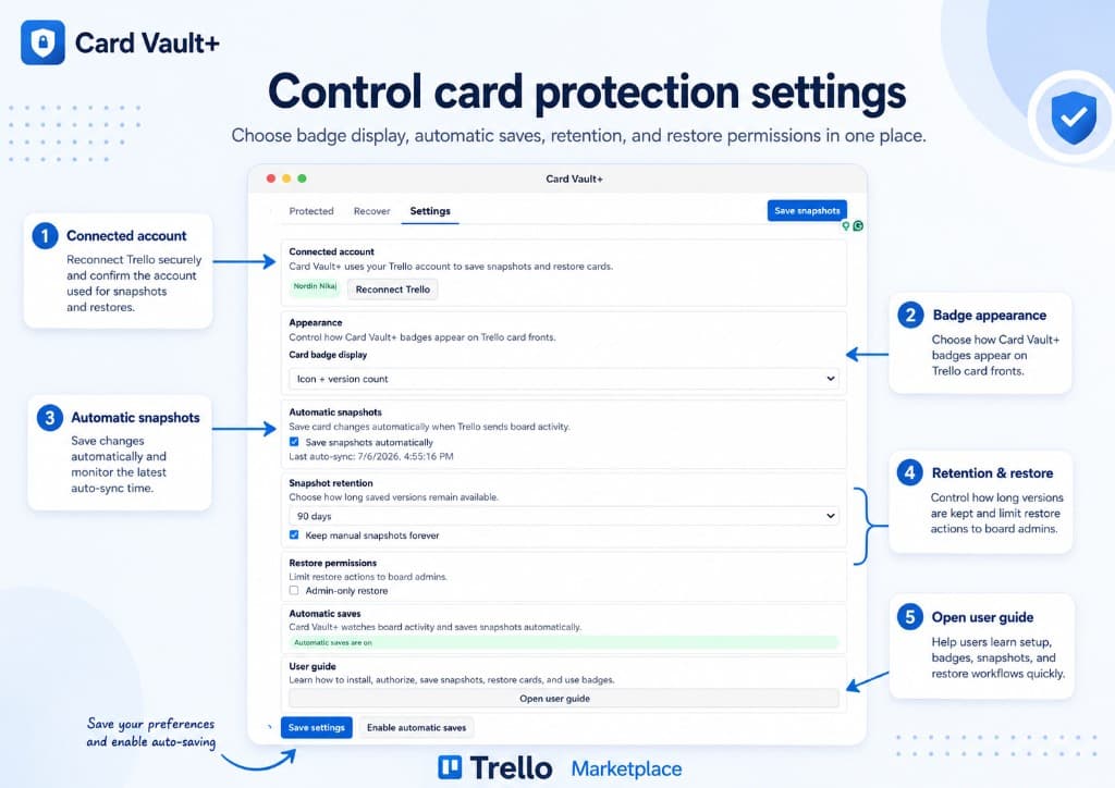 Card Vault+ settings screen showing badge display, automatic snapshots, retention, and restore permissions.