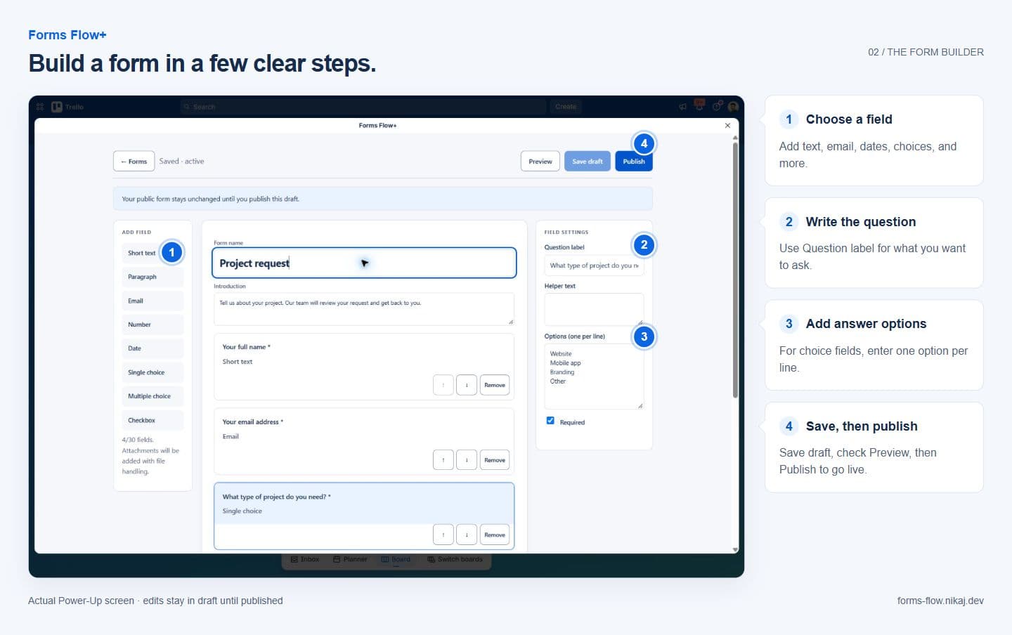 Forms Flow+ editor with field types, form questions, field settings, preview, and publishing controls.
